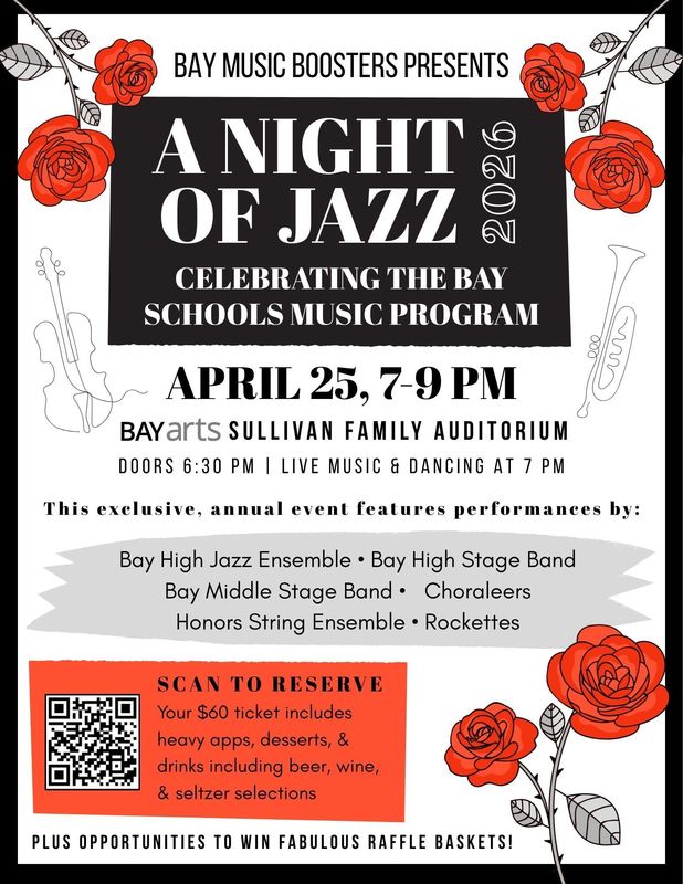 bay music boosters a night of jazz flyer for april 25, 2026 fundraiser