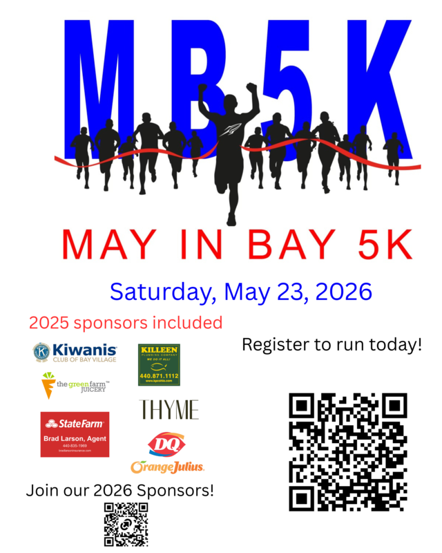 may in bay 5k flyer for may 23, 2026 event that includes an image of a runner and a qr code to register.