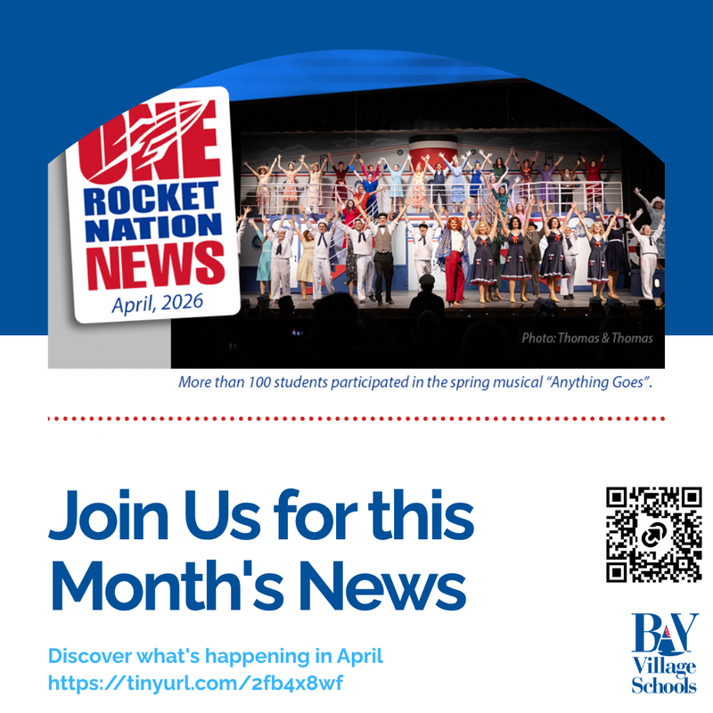 April 2026 ENews Template with photo of the spring musical students, a link and a QR code for the issue.