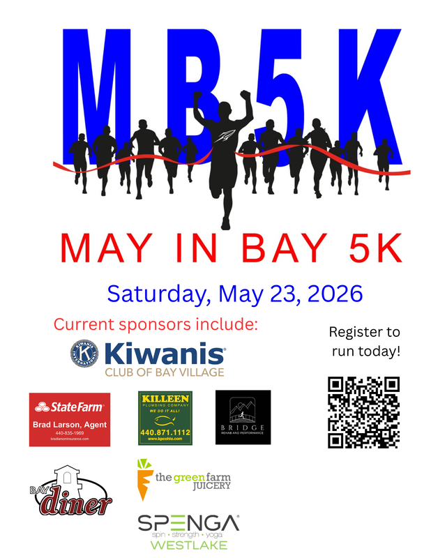 may in bay 5k flyer for may 23, 2026 event that includes an image of a runner and a qr code to register.