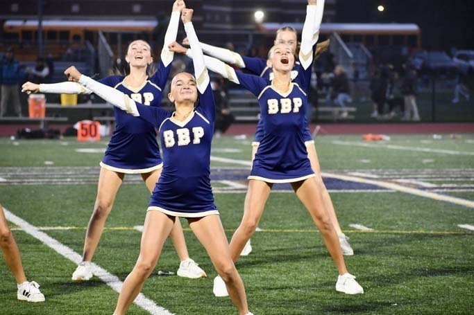 Cheerleaders performing on field.