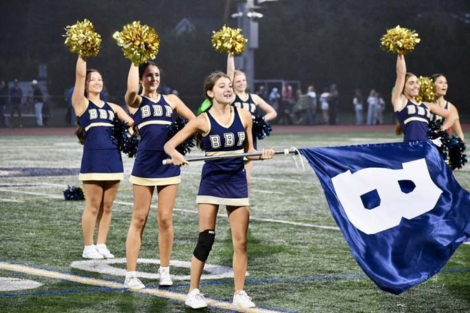 Cheerleaders performing on field.