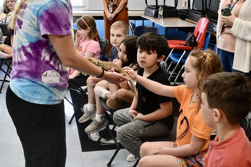 Students looking at snake being held by instructor.