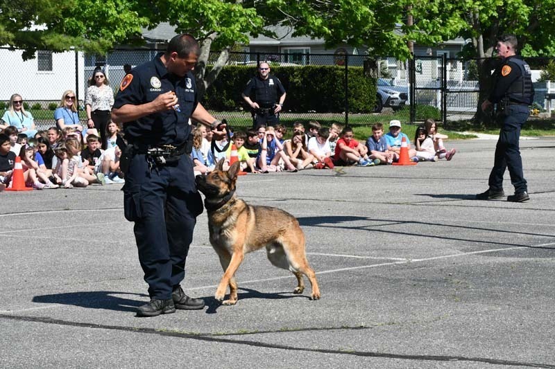 Police officer racing dog.