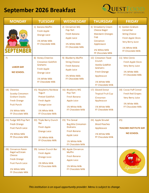 Sept Breakfast and Lunch Menus