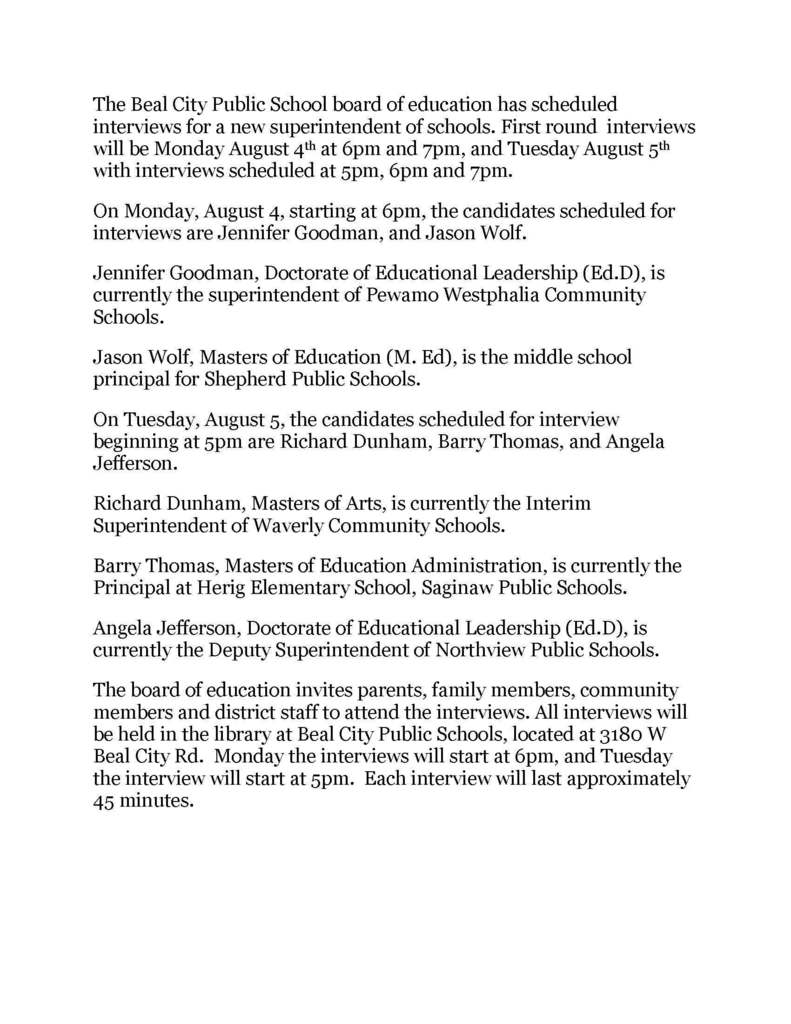 Press Release: Superintendent Interviews