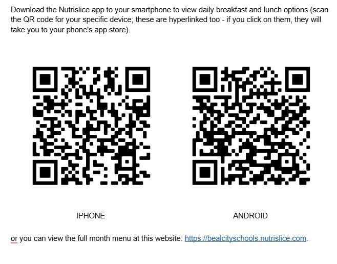 QR code to download the Nutrislice App to a smartphone, both IPhone and Android.