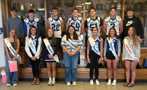 Congratulations to our 2026 Homecoming Court! Front row, left to right: Lilly Wilson (Freshmen), Addison Fussman (Junior), Ellie Bowerman (Senior), Maribel Tovar (Ms. Congeniality), Taylor Keehbauch (Senior), Eden Strong (Senior) and Selena Scully (Sophomore). Back row, left to right: Eli Baumann (Freshmen), Collin Gross (Junior), Aaron Locke (Senior), Blake Sanders (Mr. Nice Guy), Drew Gross (Senior), Eric Elias (Senior) and Bryce Schultz (Sophomore). Congratulations, Aggies!