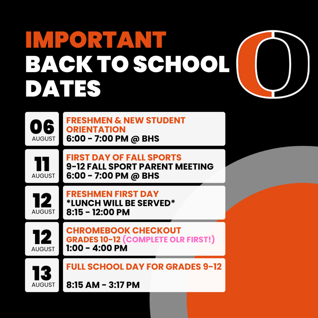 Important Dates for the start of the school year. Please contact the high school for these specific dates, if you need more information for Freshmen and New Students. 402-223-1515