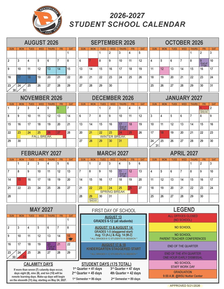 image of 2026-2027 school year calendar
