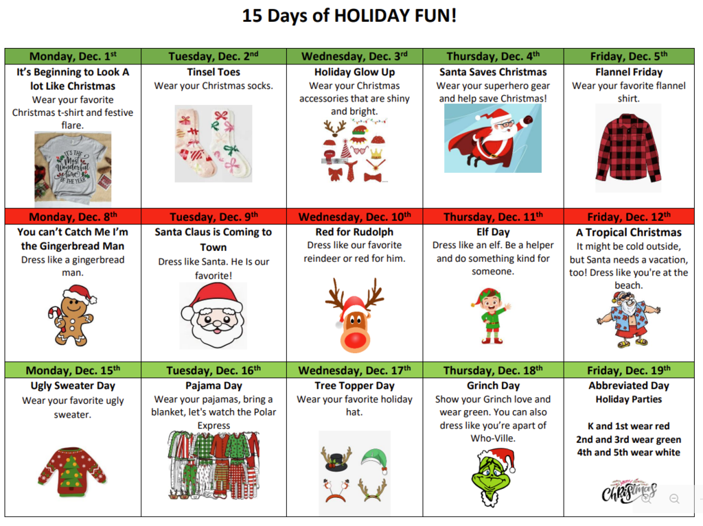 15 days of holiday fun dress up days