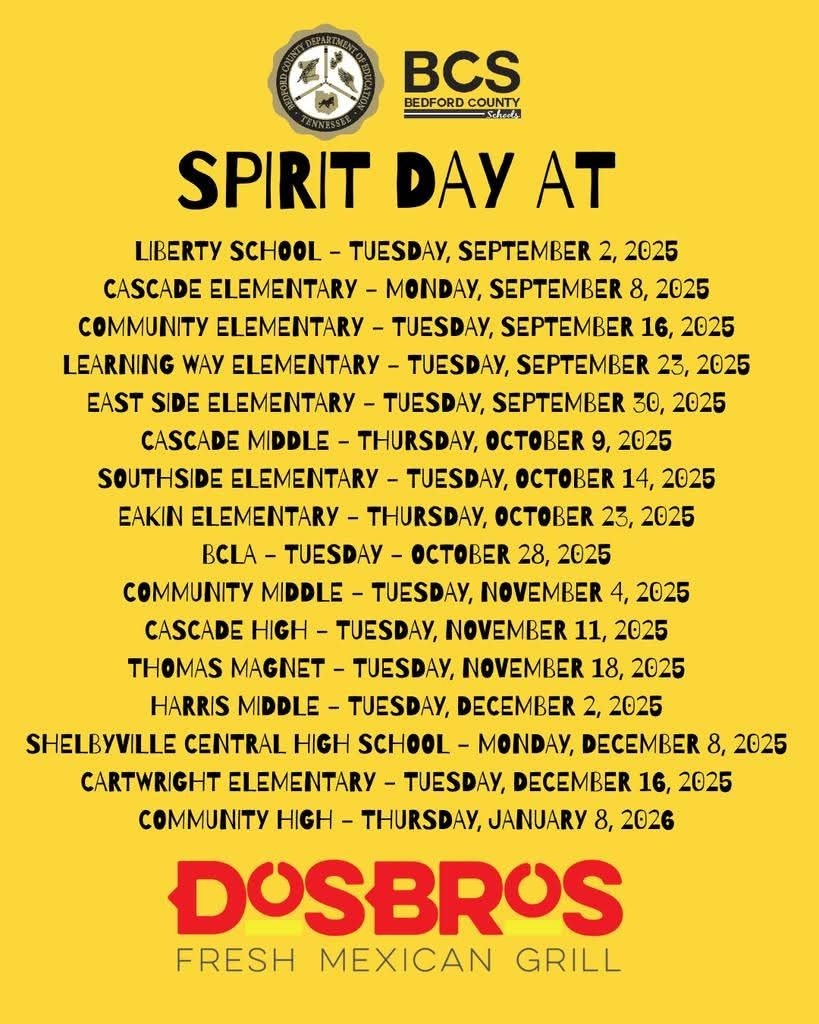 List of Dos Bros Spirit Nights for all Bedford County Schools