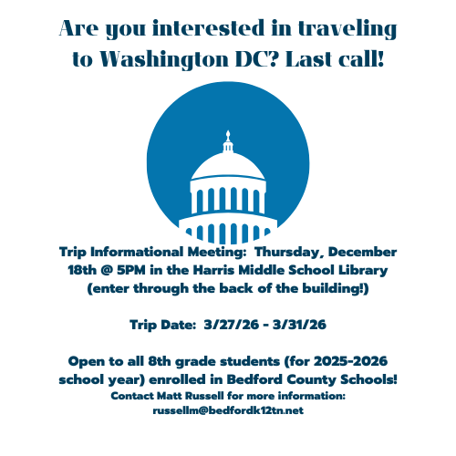 Flyer about 8th Grade Washington DC trip in spring of 2026.