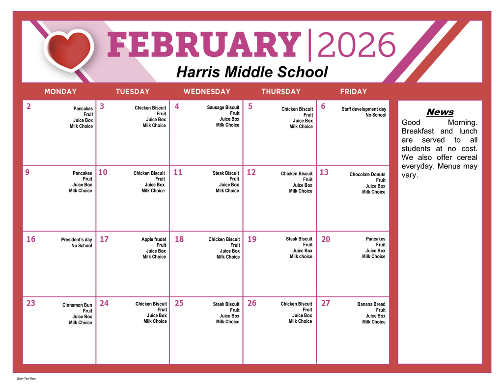 HMS February Breakfast Menu