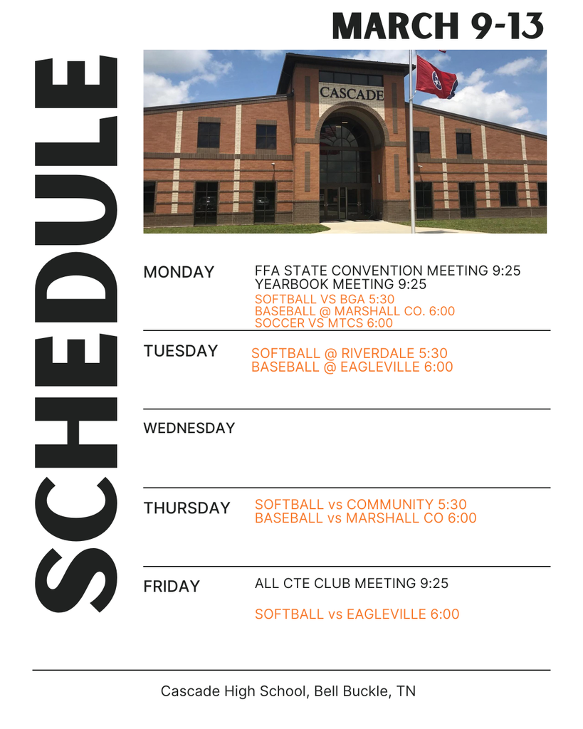 Weekly schedule for March 9-13