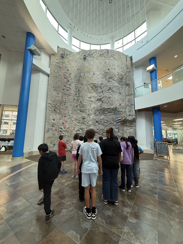 East Side Elementary School fifth graders look at a climbing wall