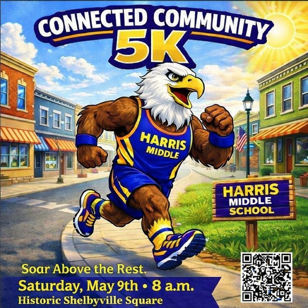 Connected Community 5K at 8am on Saturday, May 9. Starts and ends at the Historic Shelbyville Square. Join Team HMS!