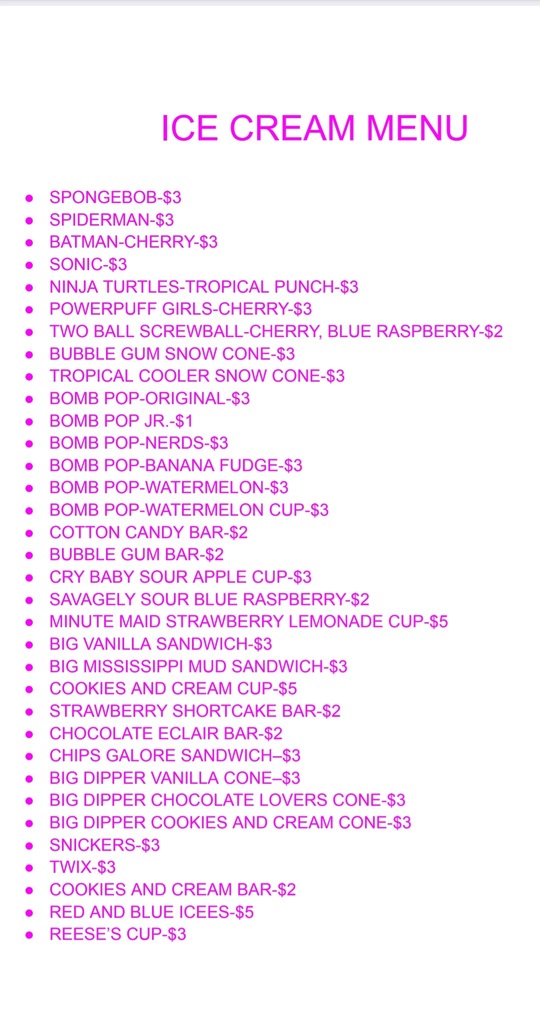 Ice Cream Menu