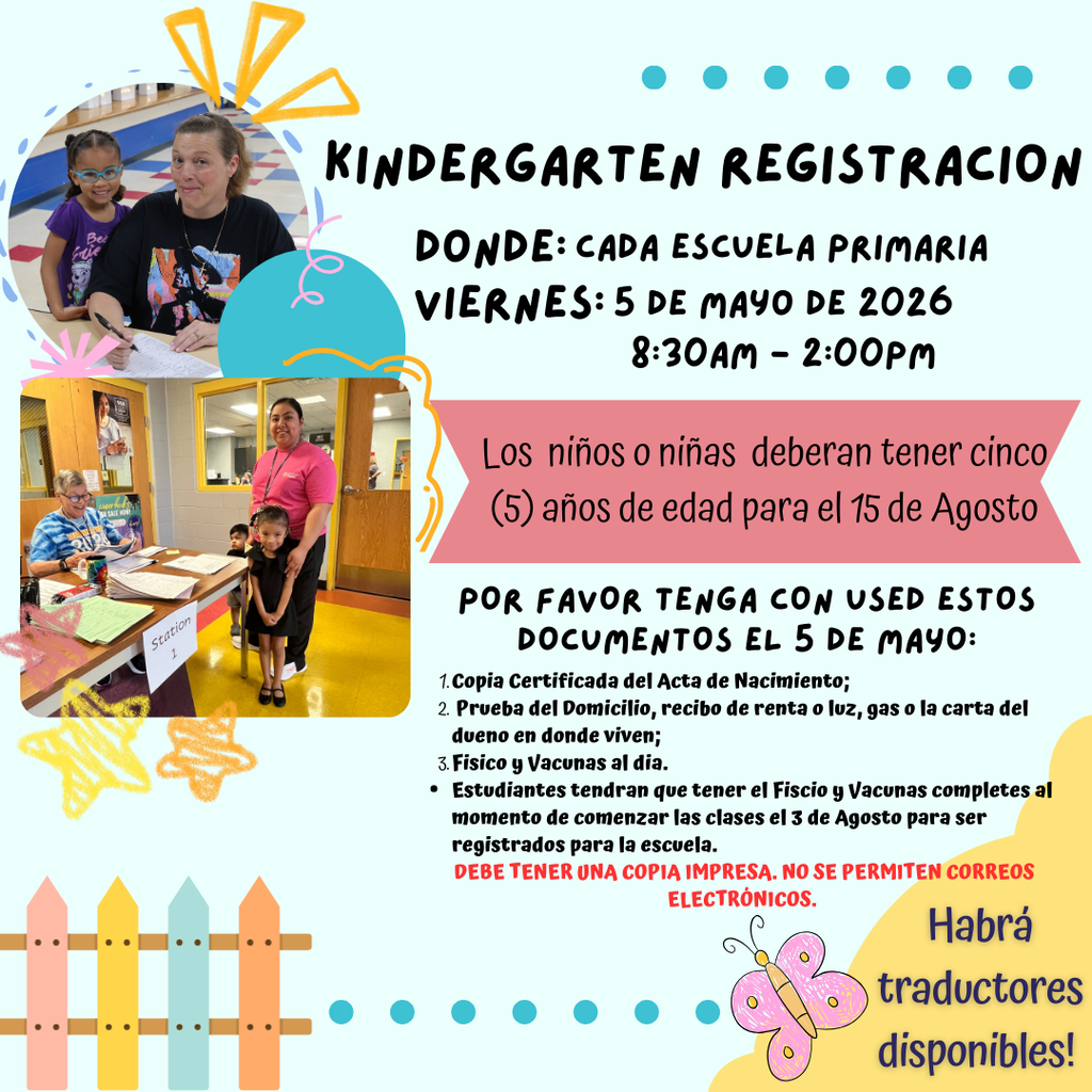 Inscripción para Kindergarten 5 de mayo de 8:30 a 2:00 en Community Elementary