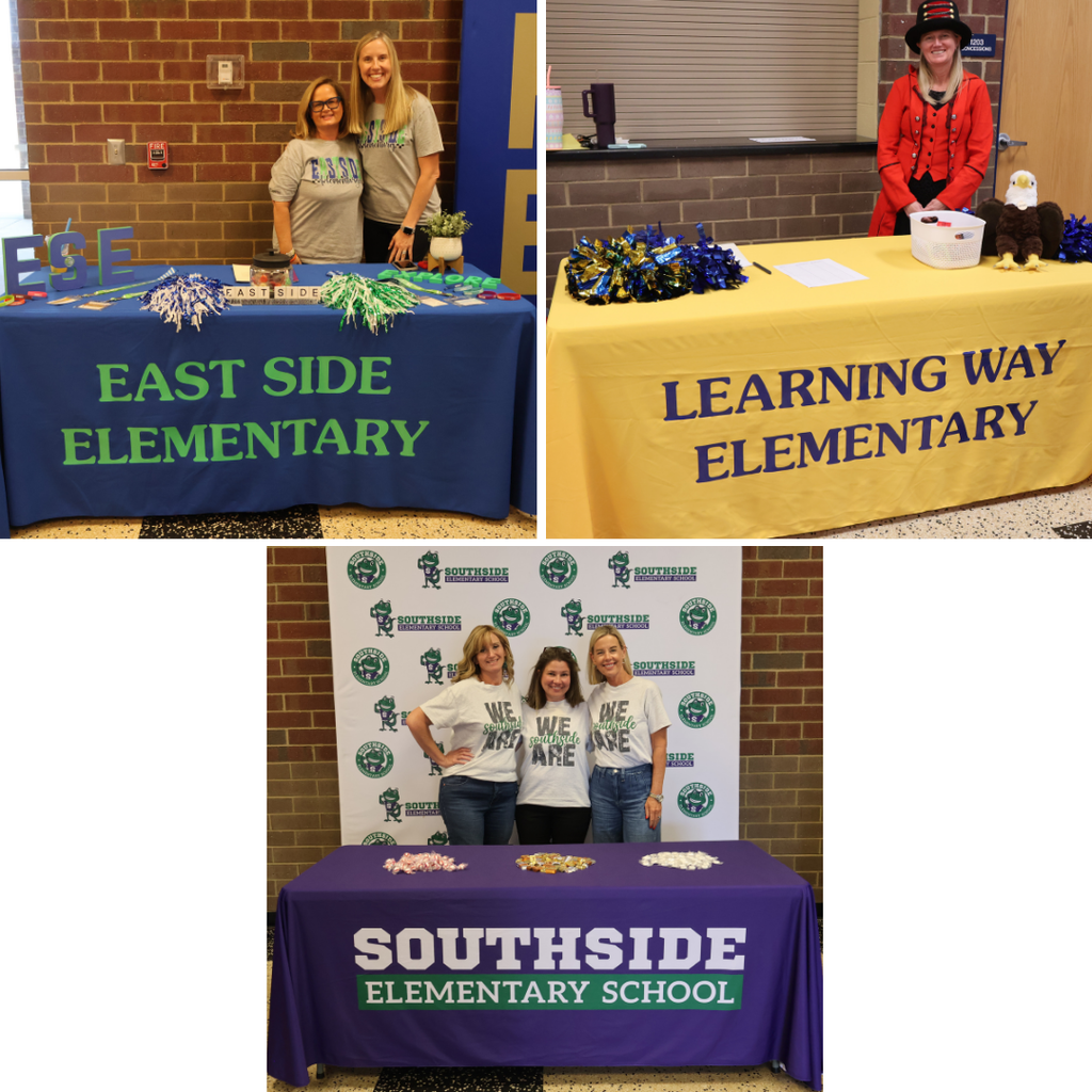Each school's admin team at a table decorated with their school's colors.