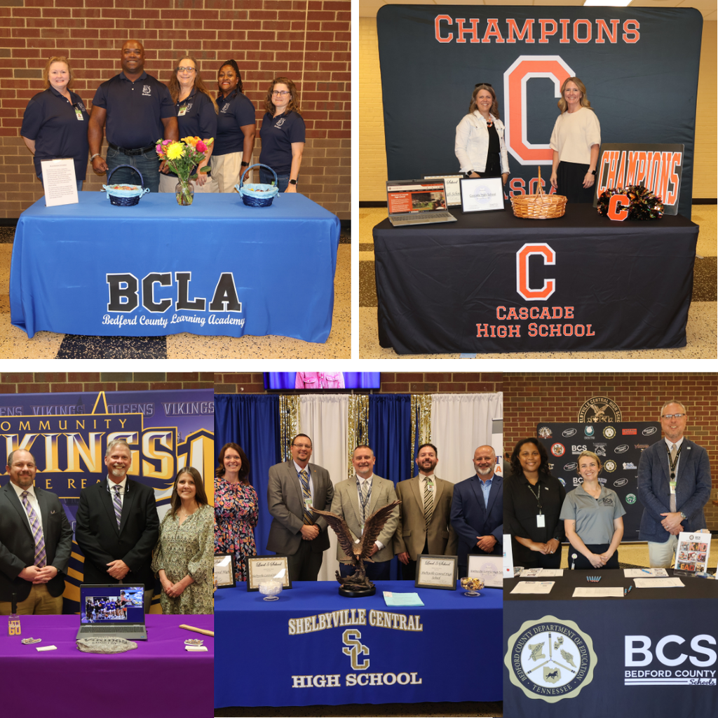 Each school's admin team at a table decorated with their school's colors.