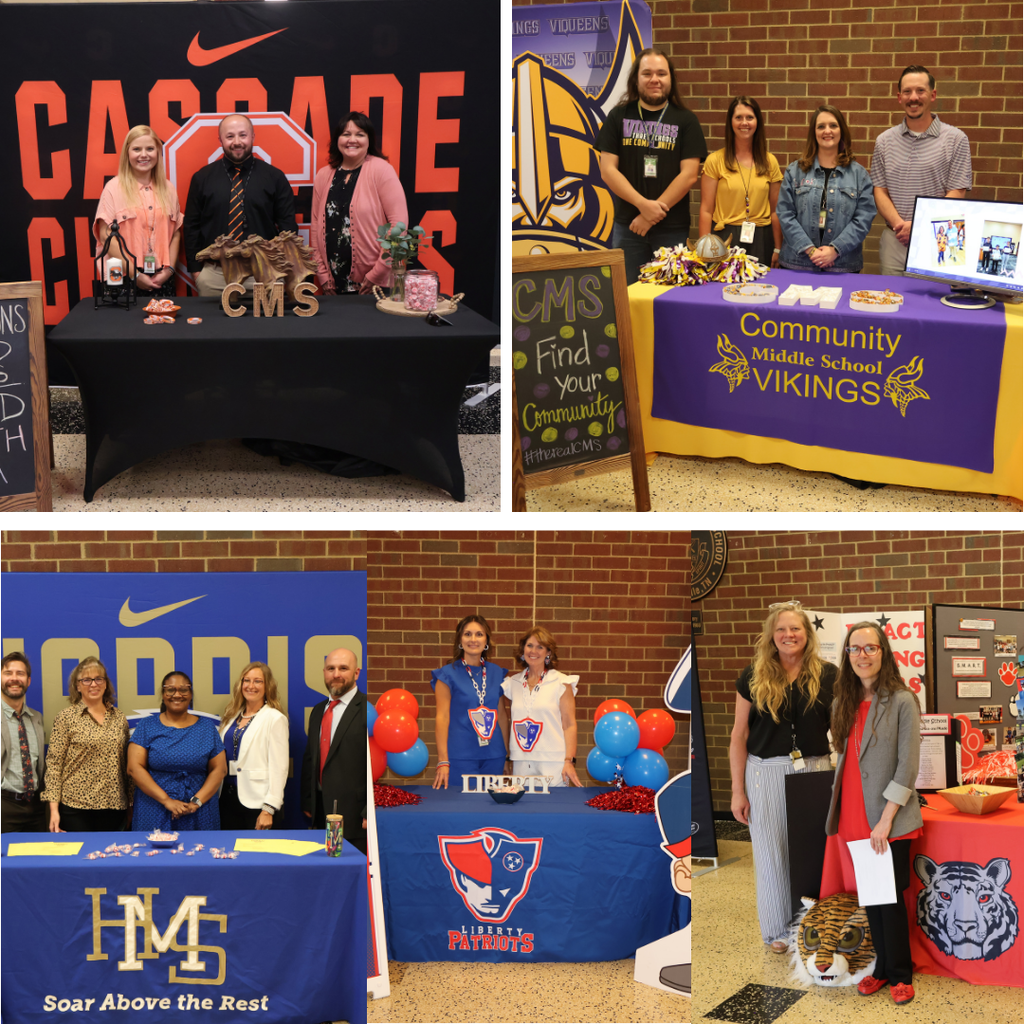 Each school's admin team at a table decorated with their school's colors.
