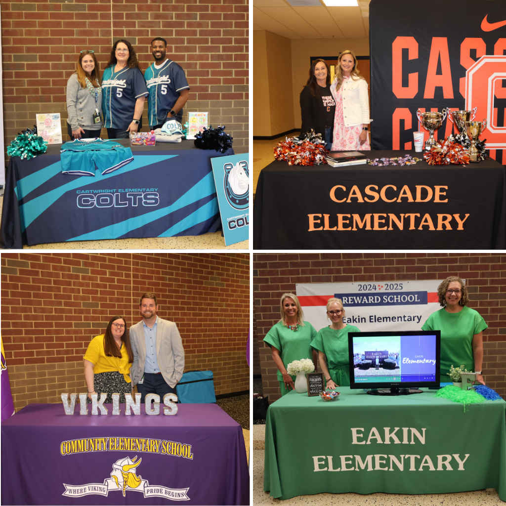 Each school's admin team at a table decorated with their school's colors.