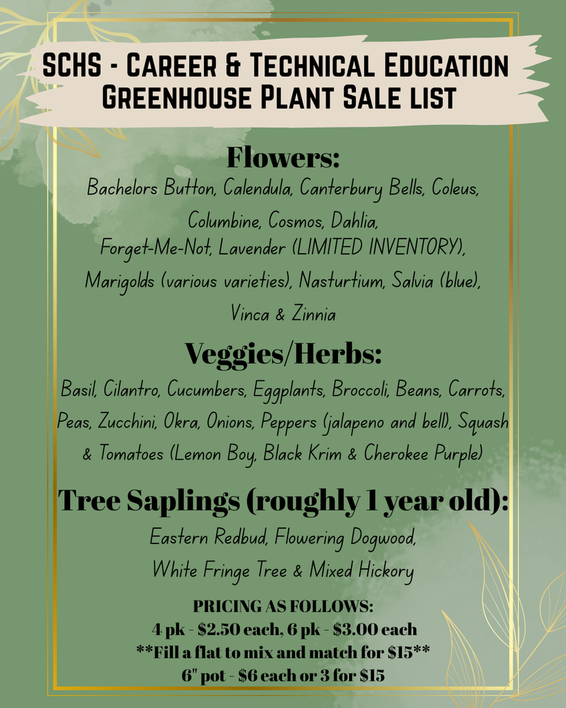 SCHS CTE Greenhouse Plant List Sale Graphic