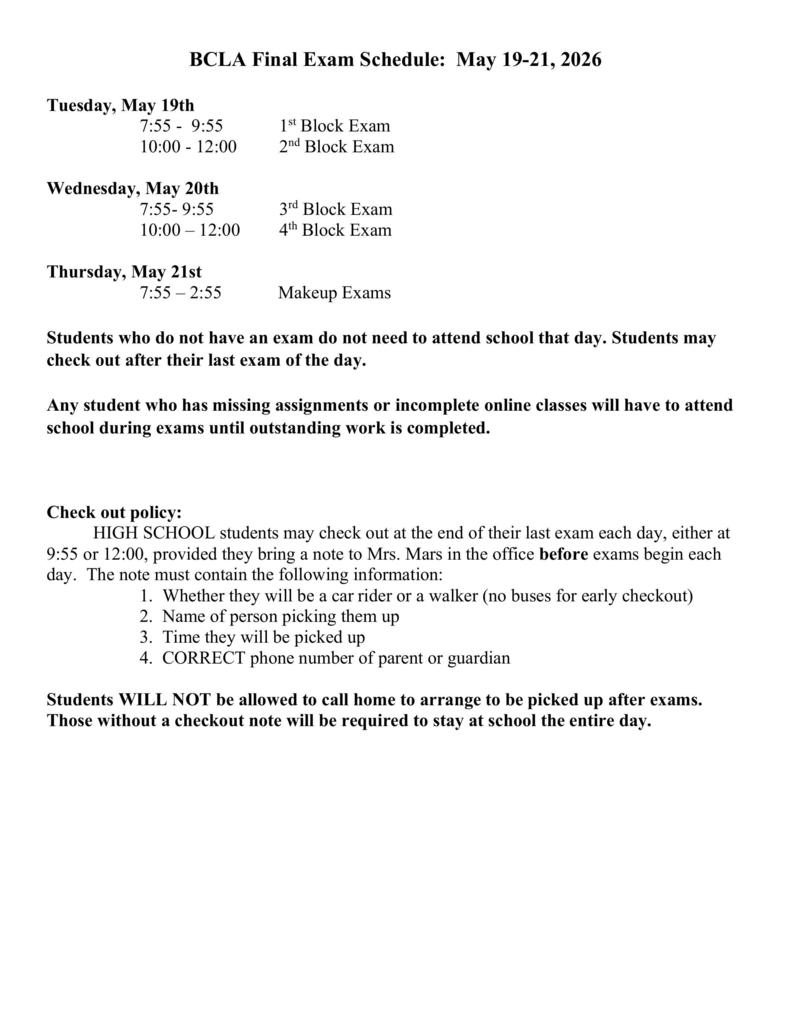 BCLA High School Testing Schedule