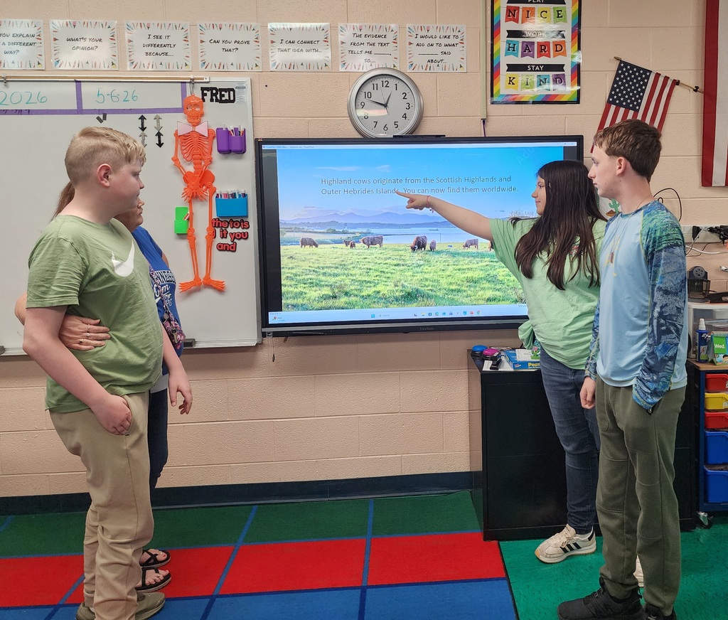 Students are learning about zoo animals and pointing to a tv screen.