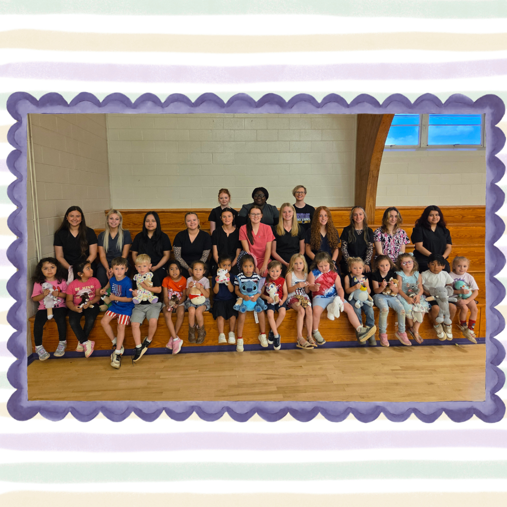 Medical Therapeutic students from Community High School pose for a picture on the bleachers with Pre-K students from Community Elementary School. 