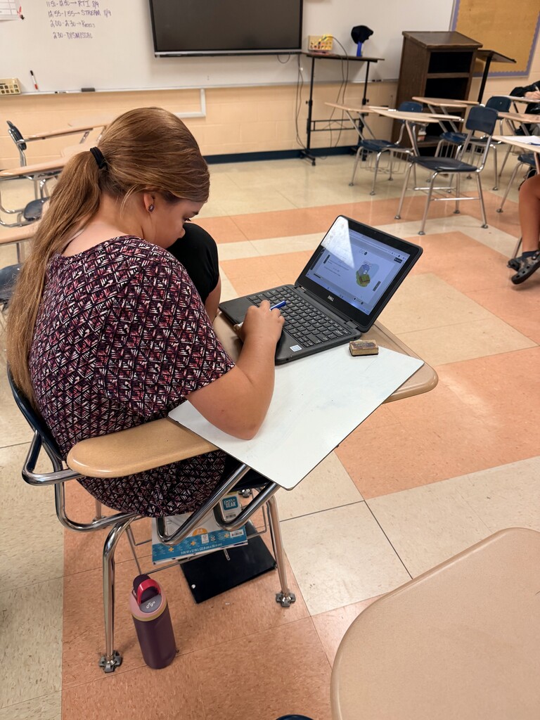 A student is seated at her desk while doing work on a laptop.