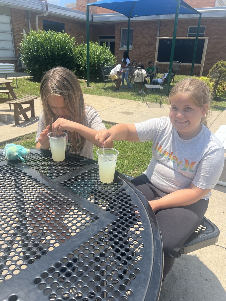 Two students are sitting at a table enjoying the lemonade that they made. 