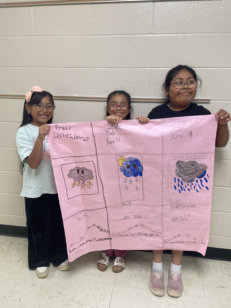 There are three students holding up a large piece of pink paper that they used to make their predictions for this weekend's weather forecast.
