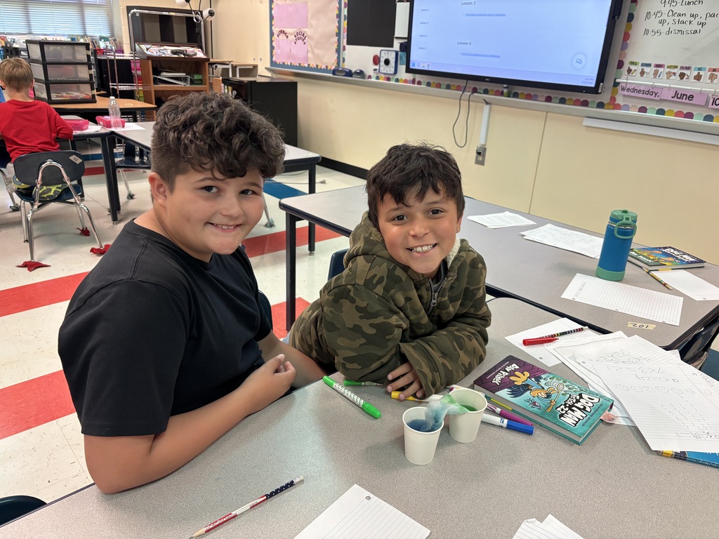 Two students are sitting down at a table with two cups of colored water as they participate in the walking water experiment. 