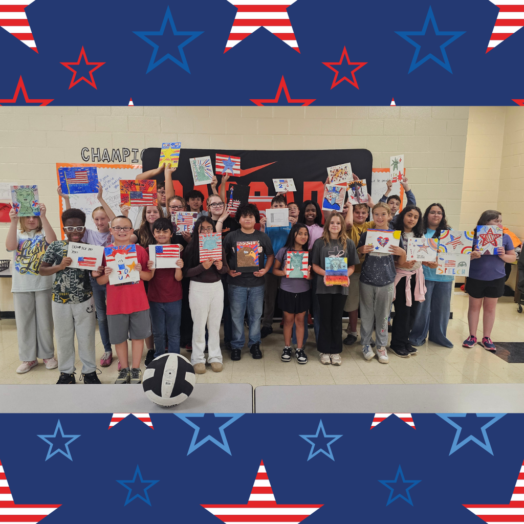 A group picture of students at Cascade Middle's Summer Learning Camp holding up the pictures they created for America's 250th Anniversary. 
