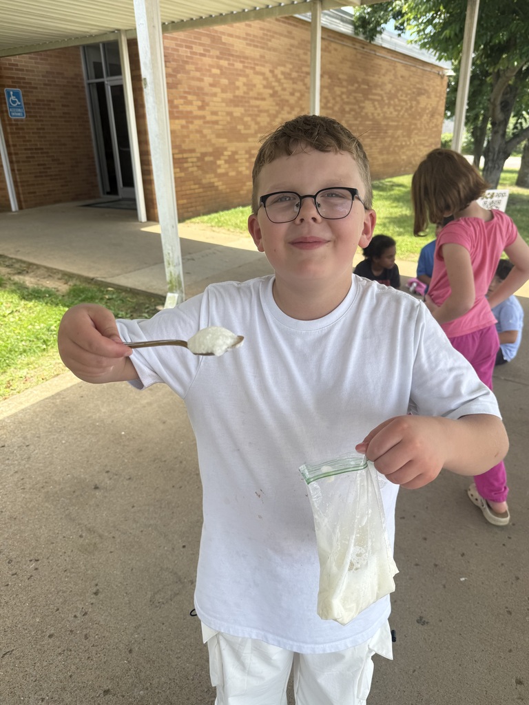 A student is holding a clear sandwich bag that contains ice cream that they made from milk.