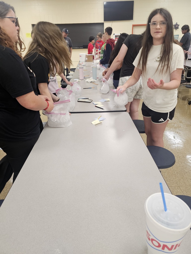 Students are standing at cafeteria tables putting together their bags to make ice cream.