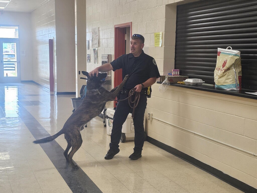 The officer is standing and talking about his K9 to the students.