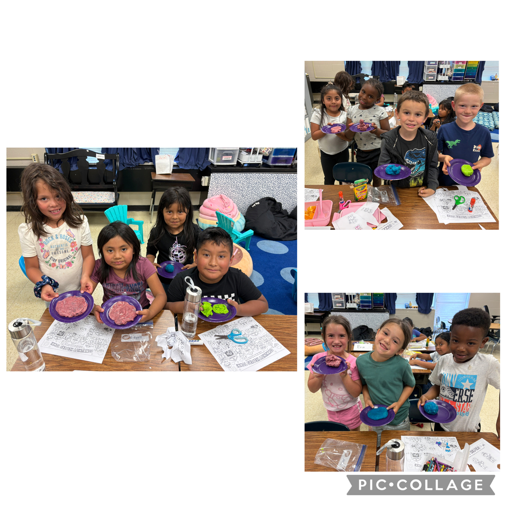 There are several photos in this collage of students making their own play-dough.