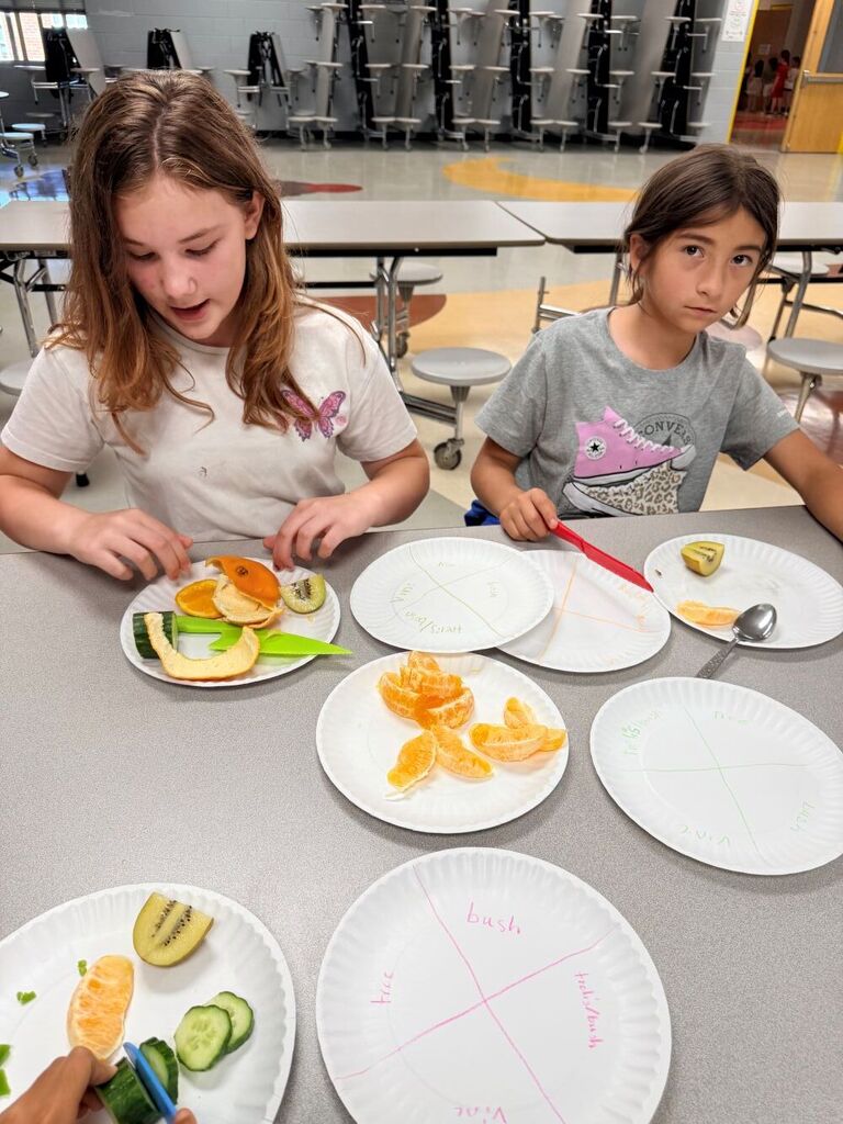 Two students are sitting down at a table with plates of fruits and vegetables for them to try. 