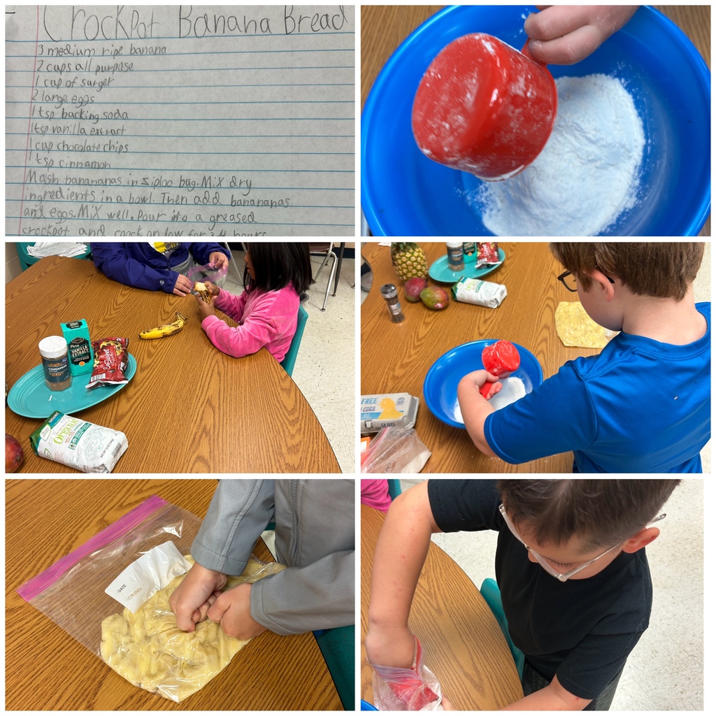 Students are sitting down at a table preparing the ingredients according to their recipe for crockpot banana bread.