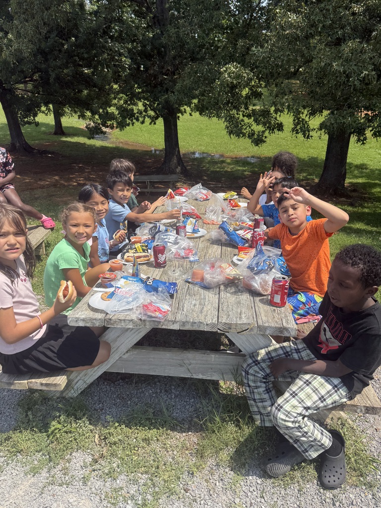 Students are sitting down outside at a picnic table eating chips and hotdogs with a drink. 