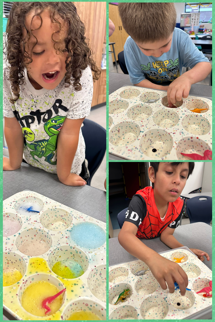 Students are seated and standing by a table where they are using muffin tins to hold paint. 