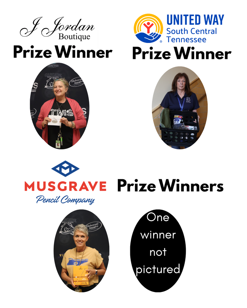 This is a collage of four people who are each holding up the gifts that they won from J Jordan Boutique, United Way and Musgrave Pencil Company.