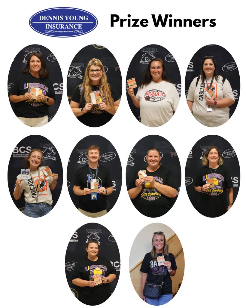 This is a collage of ten people who are each holding up the gift card that they won from Dennis Young Insurance.