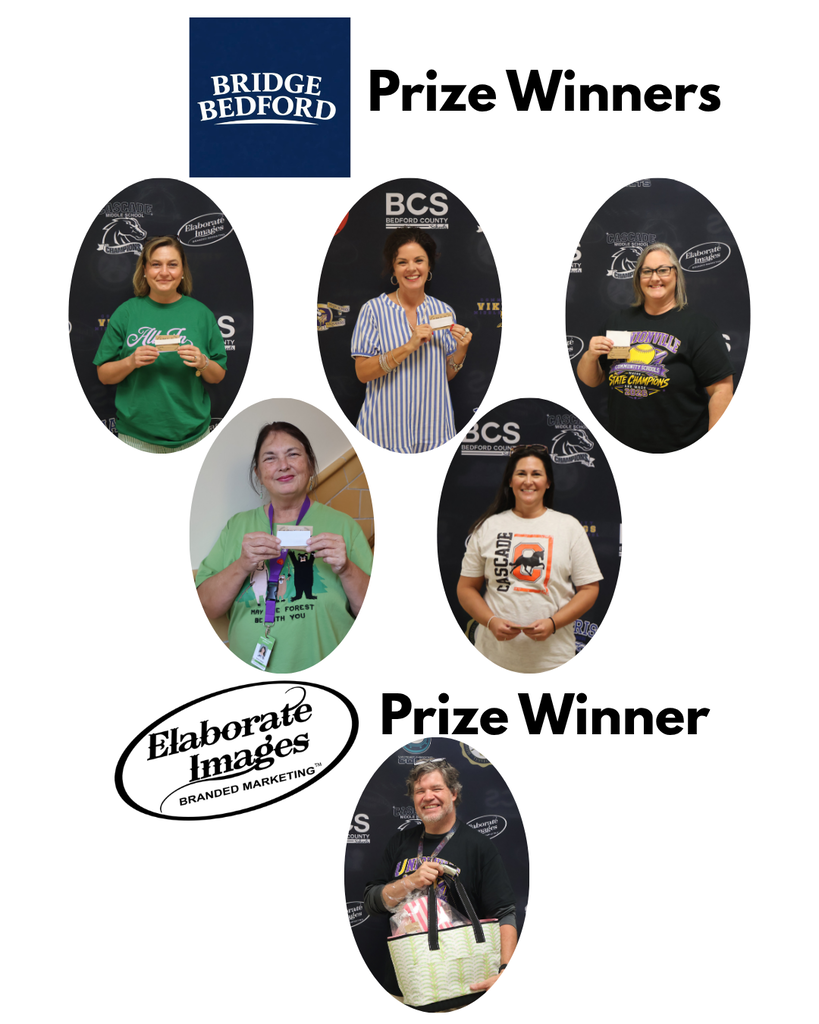 This is a collage of six people who are each holding up the gift card that they won from Bridge Bedford and Elaborate Images.
