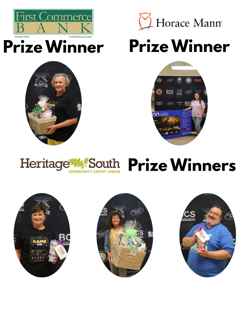 This is a collage of five people who are each holding up the gifts that they won from First Commerce Bank, Horace Mann and Heritage South Community Credit Union.