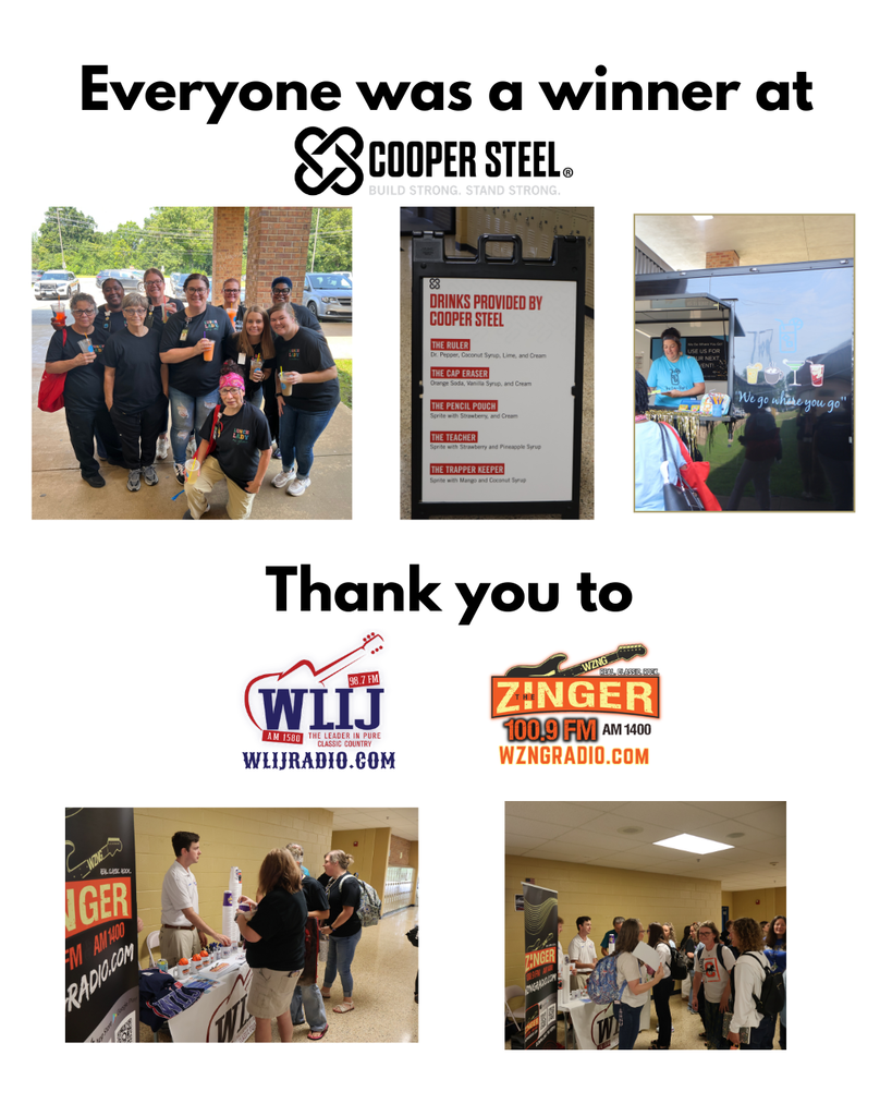 This is a collage of five photos with some showing the drink truck that Cooper Steel hired for the event along with people visiting the radio booth.