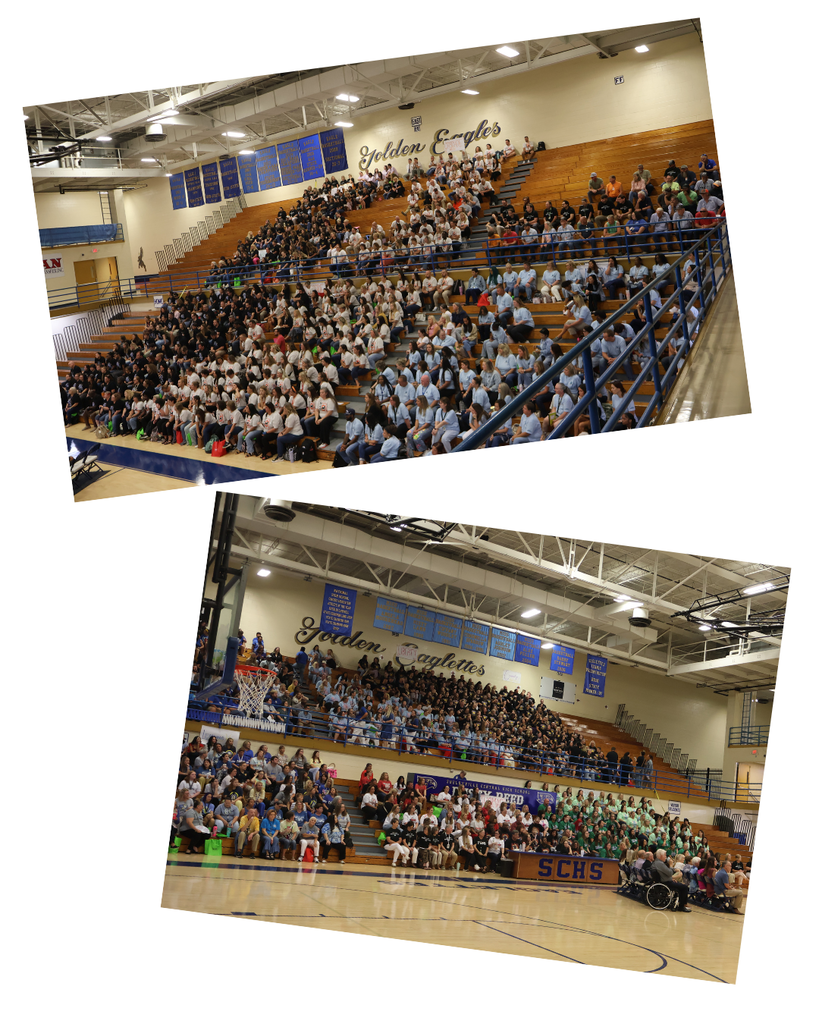 This is a collage of two photos that shows all the people seated in the gym on both sides.